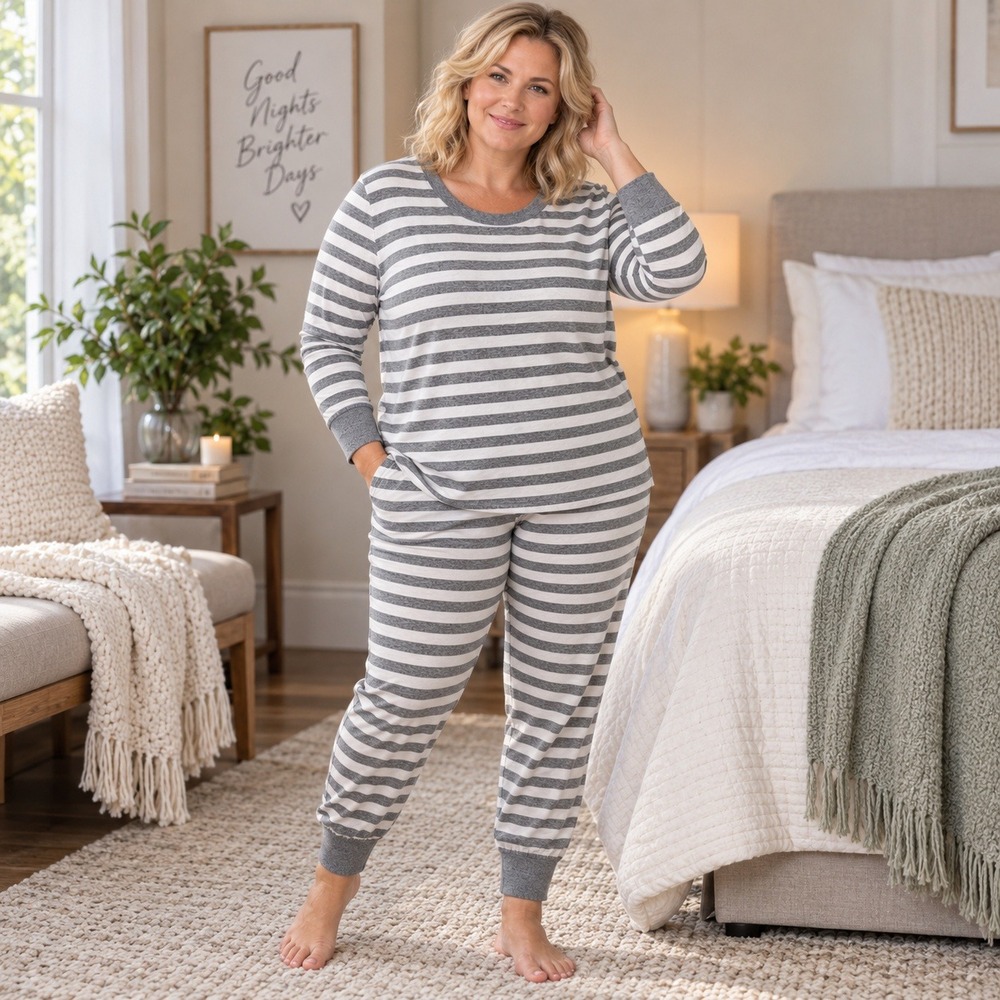 Hanna Andersson Adult XXL Organic Cotton Pajama Set Gray White Striped